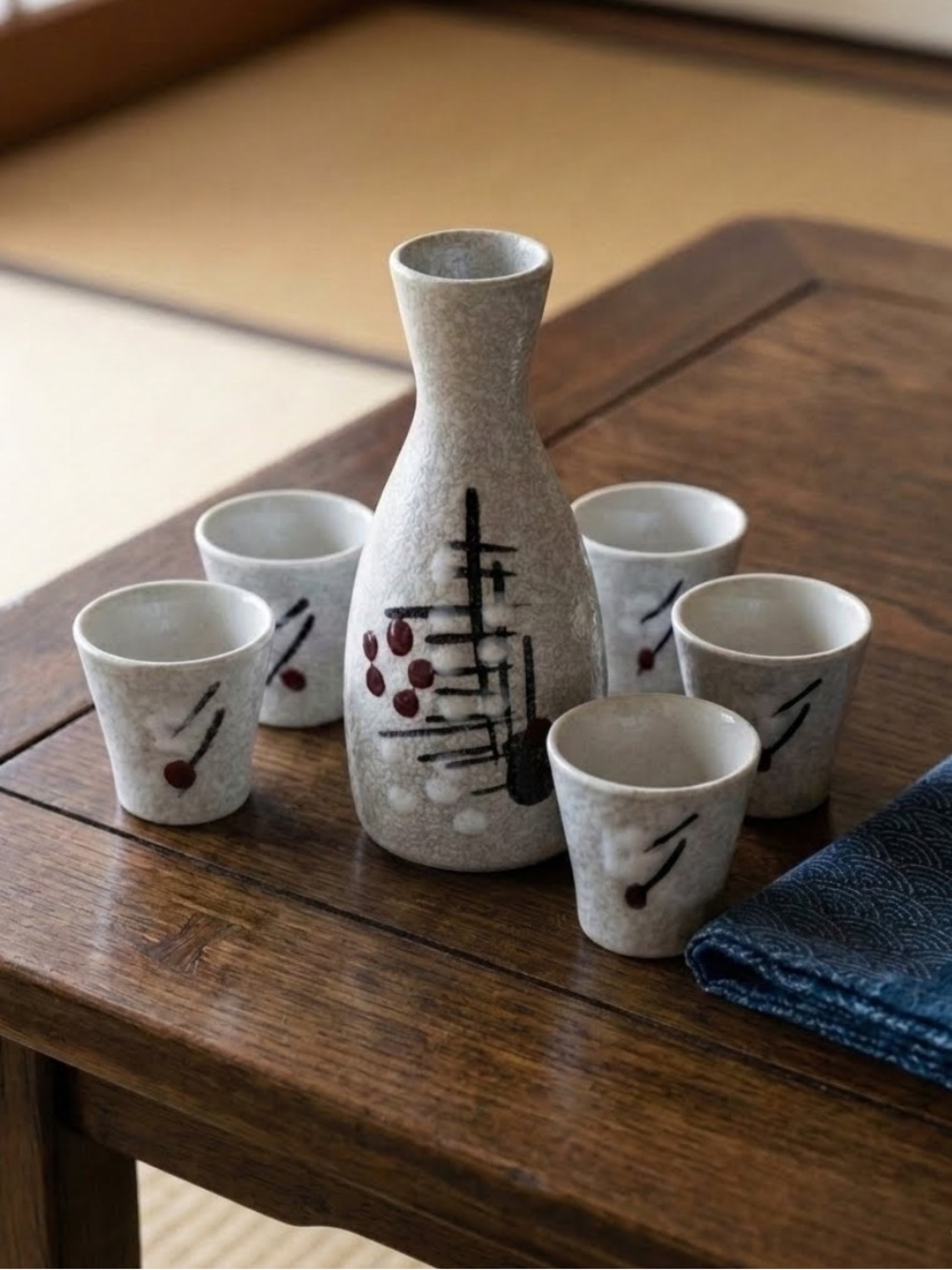 Vintage Sake Set Stoneware Bamboo Floral Design 6 Pieces Made in Japan